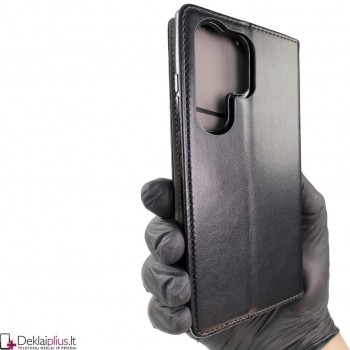 Telone dirbtinos odos atverčiamas dėklas - juodas (Samsung S23 Ultra)